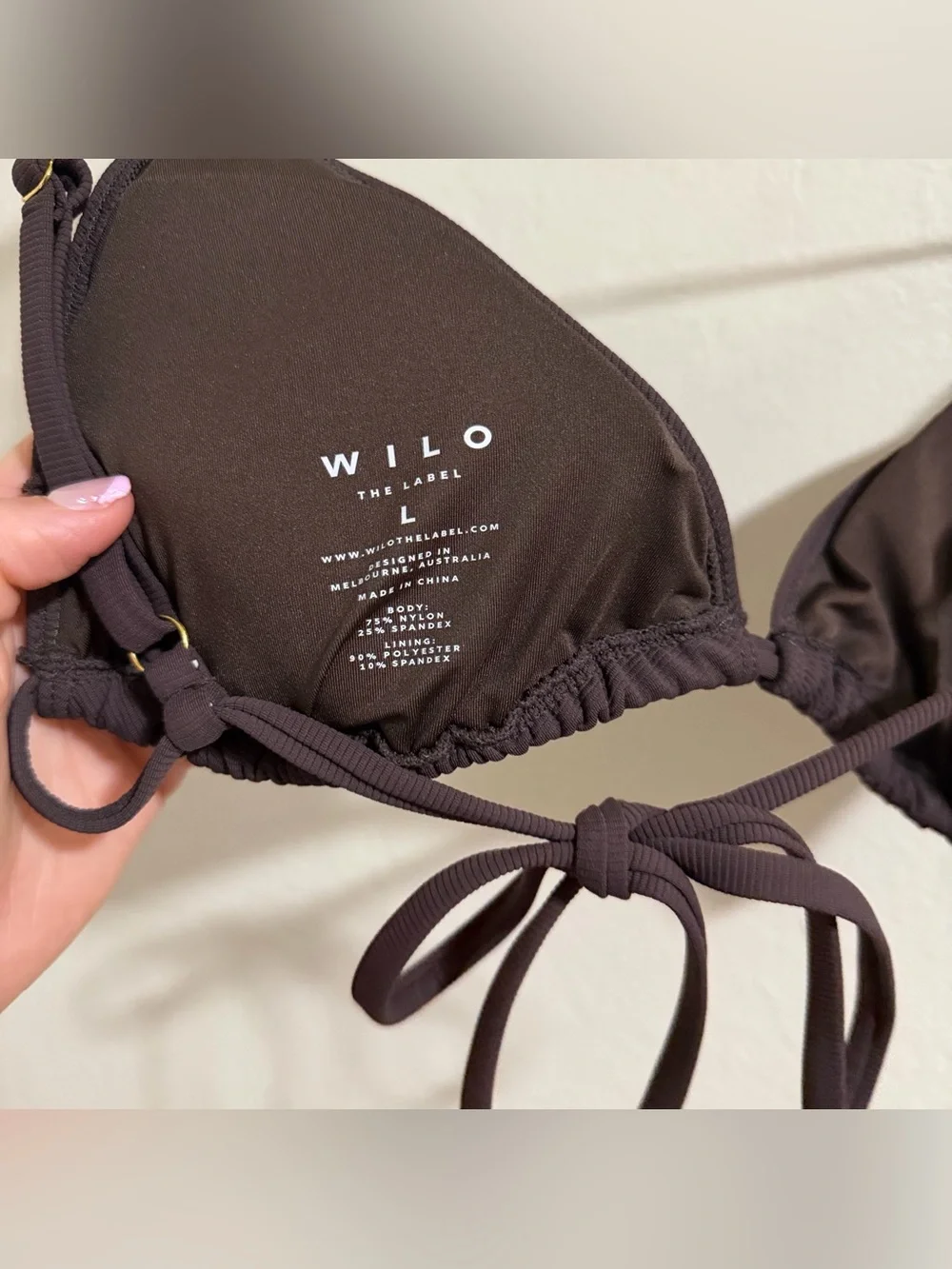 Wilo The Label Chocolate Brown Ribbed Triangle Bikini Top - Size Large
